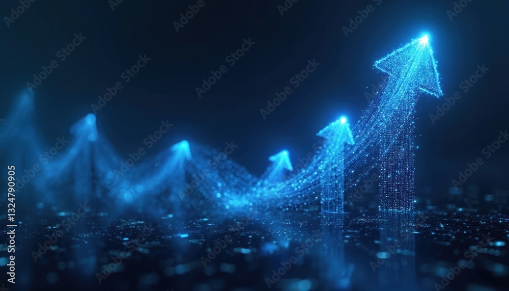 Aufkleber Digital background with blue arrows pointing upwards. Futuristic illustration features computer-generated cyberspace grid, datum flow. Glow motion pattern growth, tech progress in business. Arrow