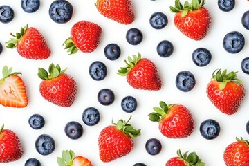 Refreshing strawberries and blueberries on a bright white background