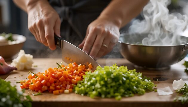 Chef cook preparing food in the kitchen, holding a knife, cutting green vegetables on the wooden cutting board on the table. raw nutrition ingredient, salad recipe, vegan cuisine, chopping, freshness.