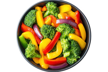 Vibrant bowl of fresh mixed vegetables - broccoli, peppers, onions, cut out