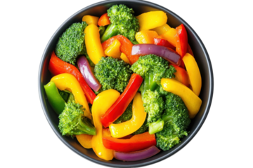 Vibrant bowl of fresh mixed vegetables - broccoli, peppers, onions, cut out