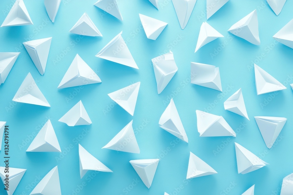 Poster white triangle shapes moving dynamically across a vibrant blue background in a contemporary design l