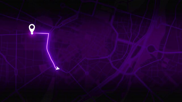 Purple 4K GPS animation with arrow navigator to the point of destination.