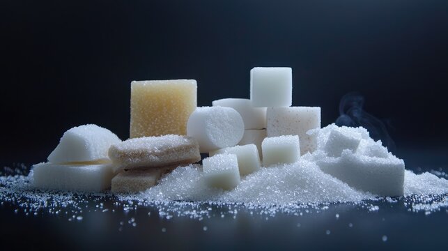 Pile of white and brown sugar cubes and granules