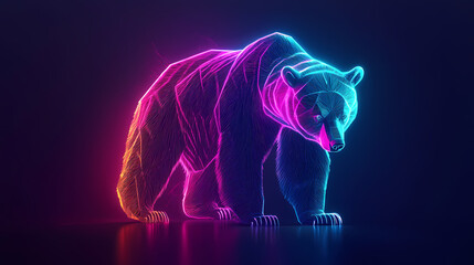 A vibrant and modern geometric representation of a bear illuminated in neon colors against a dark backdrop. Ambient Fluorescence. Illustration