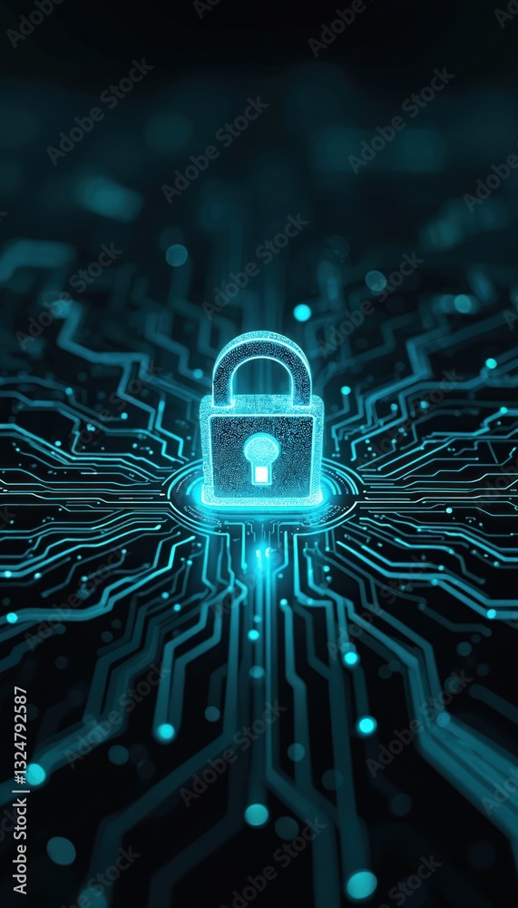 Poster glowing padlock icon on dark blue futuristic cyber circuit board backdrop. digital safety, data encr