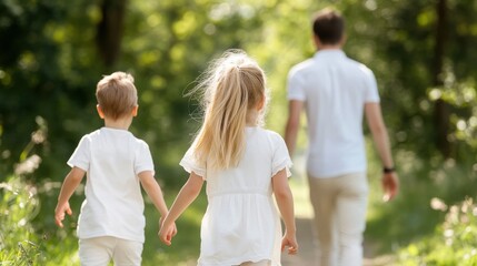 Fototapeta premium Caucasian father with children walking in sunny forest pathway
