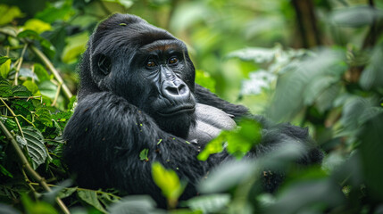 Obraz premium Mountain gorilla sitting in lush green rainforest, deep thoughtful expression, endangered wildlife