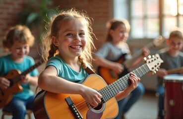 Young girls, boys play guitars, drums at music lesson in school studio. Group of happy children enjoying learning music, smiling at music class, creative skill development for kids.