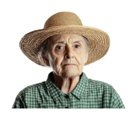Elderly caucasian woman in straw hat and green plaid shirt facing forward, cut out