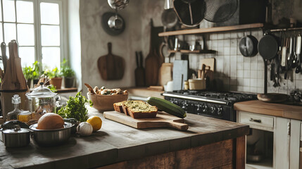 Rustic kitchen setup for zucchini bread preparation