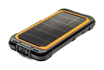 Portable solar power bank with orange trim for charging devices, cut out