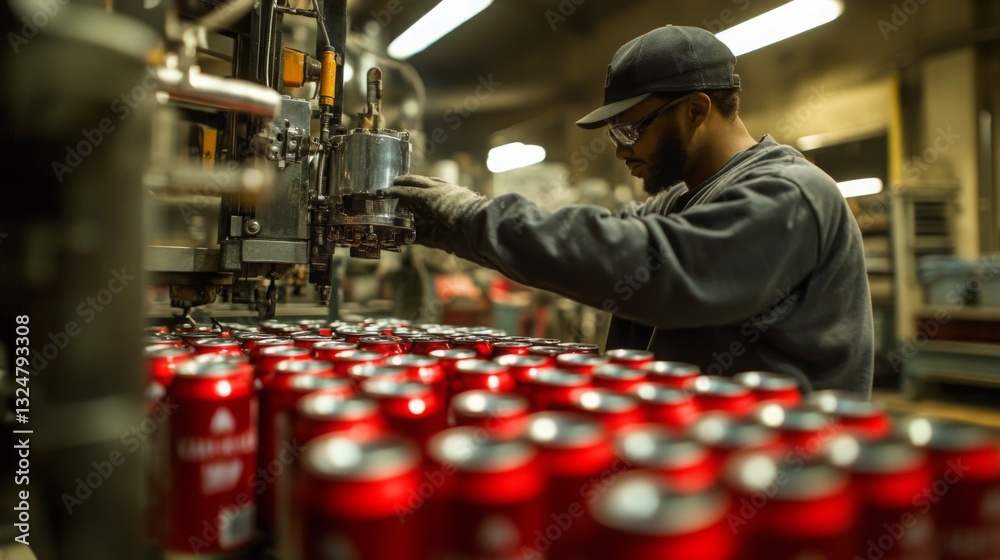 Aufkleber a worker operates machinery on a food production line, carefully overseeing automated processes. red