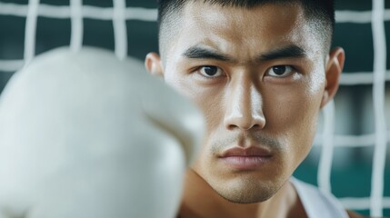 Focused asian male boxer with glove in training session