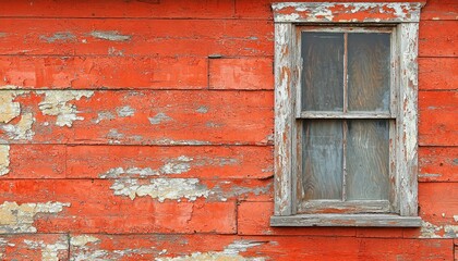 Rustic Charm: A Weathered Window on a Peeling Red Wooden Wall