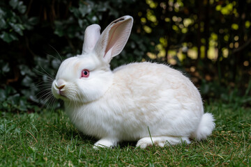 Obraz premium Charming white rabbit with pink nose sitting on lush green grass during a bright spring day in April, embodying the spirit of Easter festivities and renewal