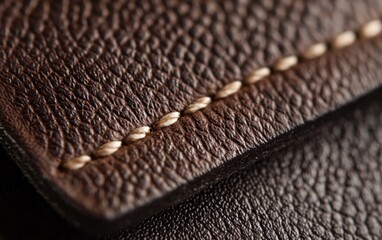 Brown Leather Texture with Off-White Stitching Close-Up