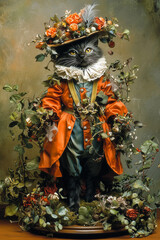 Cat in historical costume surrounded by flowers and foliage