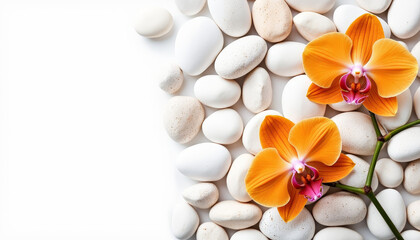 Serene orange orchids on white pebbles, modern tranquility
