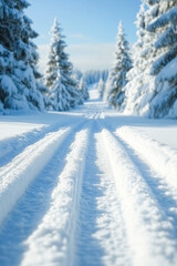 Snow-covered pine trees and fresh tracks in winter forest landscape