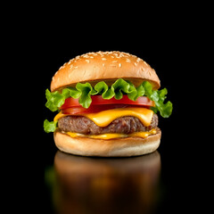 A high-definition image of a freshly prepared hamburger with a toasted sesame bun, sitting on a black background to enhance its details.