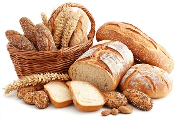 Assorted baked goods in a basket.  A variety of breads, rolls, and pastries are displayed in a wicker basket, along with wheat stalks and nuts