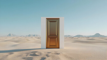 Mysterious Golden Door In A White Frame Stands On A Vast Empty Sandy Desert Landscape Under Bright Blue Sky Evoking Mystery And Opportunity