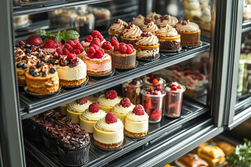 Assortment of delicious mini cakes in display case with berries and chocolate toppings