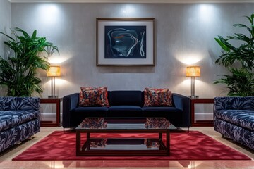 A contemporary living room with soft ambient lighting and plush seating arrangements