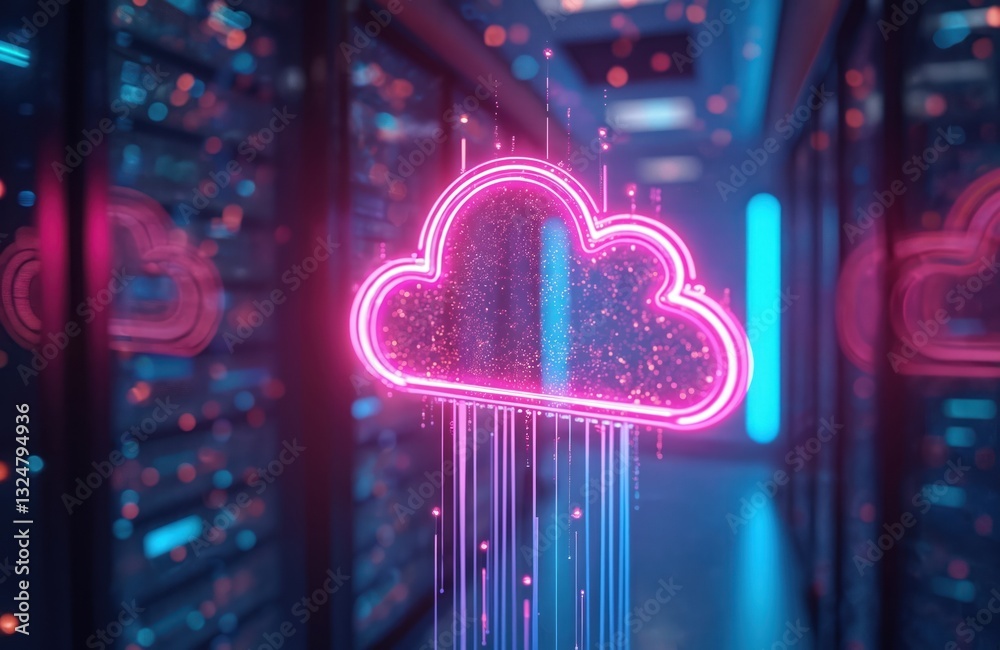 Leinwandbilder neon cloud hovers in server room. pink cloud computing tech on dark blue background. futuristic info