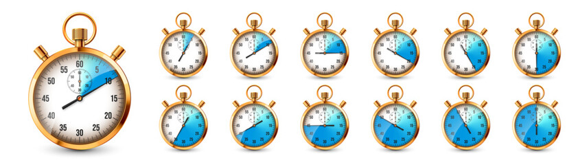 Realistic classic stopwatch. Shiny golden metal chronometer, time counter with dial. Blue countdown timer showing minutes and seconds. Time measurement for sport, start, finish. Vector illustration