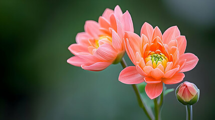 Fototapeta premium Close Up Shot of Two Orange and Pink Blossoms in Full Bloom With Green Background and Bud