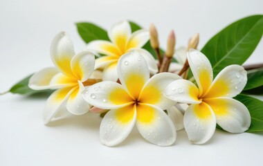 Naklejka premium Close-up of Fresh Plumeria Flowers with Water Droplets on White
