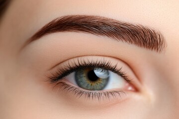 Obraz premium Detailed macro shot showcasing freshly microbladed eyebrows and a captivating eye in natural light Generative AI