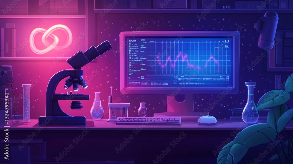 Poster A computer monitor displays data analysis alongside a microscope and various laboratory glassware. The neon lights create a vibrant atmosphere that enhances the high-tech research environment.