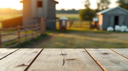 a wooden table with a farm background, space for copy