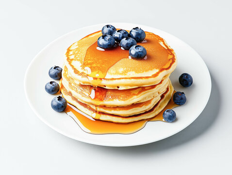 Stack of fluffy pancakes with blueberries and maple syrup on a white plate
