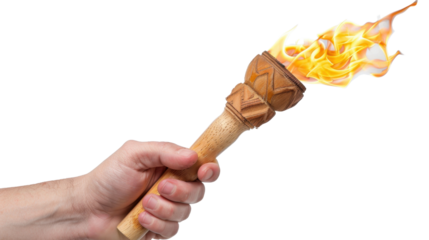 Hand holding a burning torch with transparent background
