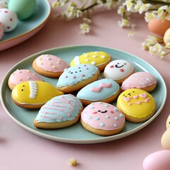 Fototapeta premium a photo of a colorful plate with easter themed cookies with colorful glazing