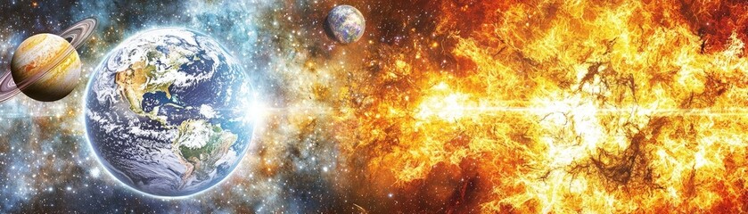 Obraz premium Planetary Collision Earth amidst a celestial backdrop with blazing fire effects