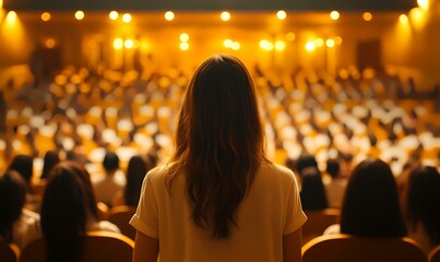 Woman watching audience in theater,  blurred background,  showing people sitting. Possible use for stock photography