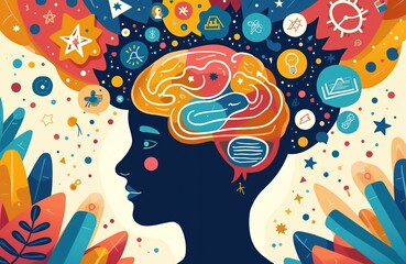 Illustration of teen brain. Concept of learning different subjects. Person thinks, study, explore world, gain new knowledge. Mind health, education. Generating ideas, creative inspiration, cognitive