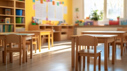 Fototapeta premium Bright Classroom with Wooden Tables and Chairs