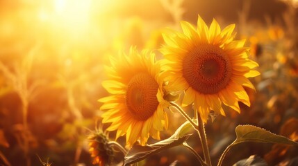 Fototapeta premium Two vibrant yellow sunflowers basking in the golden sunlight of nature