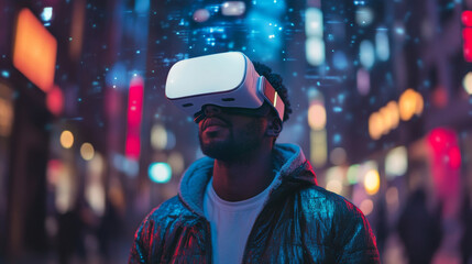 VR and AR technology futuristic concept. Man wearing 3d VR headset glasses looks up in cyberspace of metaverse. Virtual reality or Augmented reality world simulation. Digital computer entertainment.