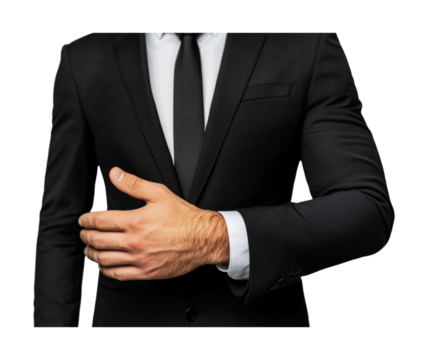 Caucasian young male in black suit adjusting sleeve with confident gesture, cut out