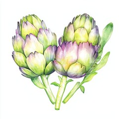 Fototapeta premium A delicate watercolor illustration of two artichokes, showcasing their vibrant green and purple hues, arranged in a heart shape.