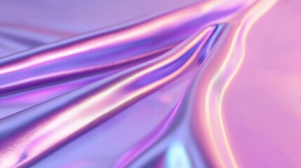 Obraz premium A vibrant, iridescent fabric flows in soft curves, blending shades of purple and pink, creating a visually striking and dynamic texture.