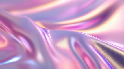 Fototapeta premium A close-up view of shimmering, iridescent fabric displaying a blend of pastel colors and smooth waves.
