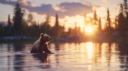 Fototapeta premium Brown Bear Sunset Lake Wildlife Nature Photography